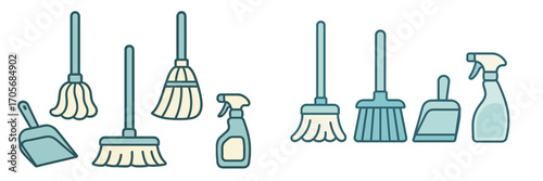 Essential household cleaning items such as mops, brooms, dustpans, and spray bottles for maintaining cleanliness