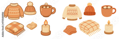 Collection of cozy autumn and winter essentials including warm sweaters, knitted hats, hot chocolate, soft blankets, and lit candles