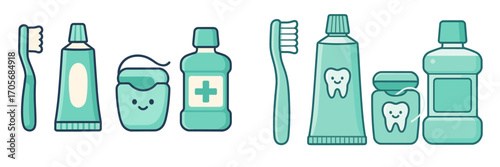 Collection of dental hygiene products including toothbrushes, toothpaste, dental floss, and mouthwash for oral care