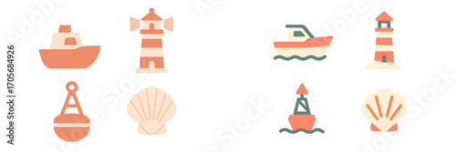 Nautical elements collection with boats, lighthouses, buoys, and seashells in a flat design style for marine themes