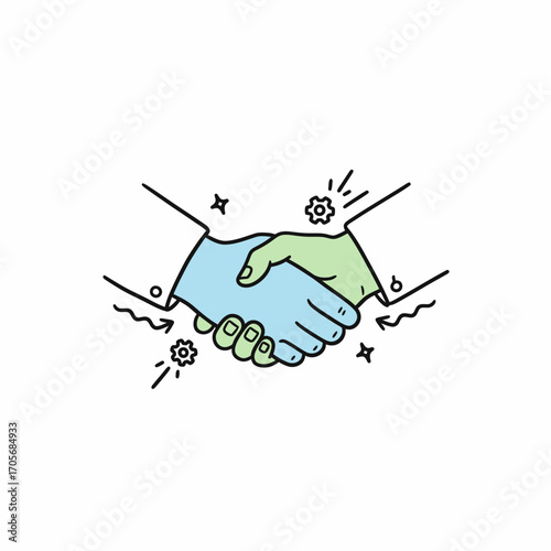 Two hands shaking, a stylized illustration of a business handshake, with abstract elements.