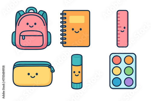 Colorful and cheerful school supplies collection with backpack, notebook, ruler, pencil case, glue stick, paint palette
