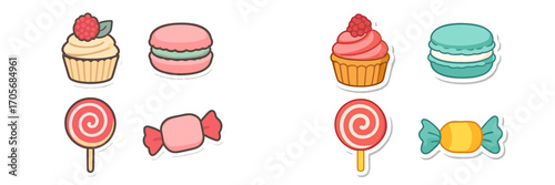 Collection of various colorful sweet desserts including cupcakes, macarons, lollipops, and wrapped candies