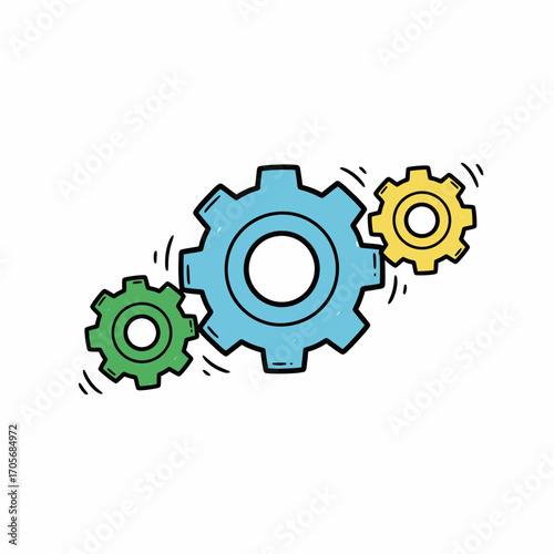 Illustration of three interlocked gears, representing teamwork and mechanical processes.