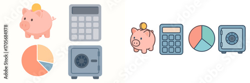 Financial savings and investment concepts with piggy bank, calculator, pie chart, and security safe for money management