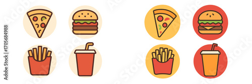 Popular fast food menu items including pizza, hamburgers, french fries, and soft drinks