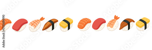Delicious assortment of traditional Japanese nigiri sushi pieces including salmon, tuna, shrimp, eel, and tamago