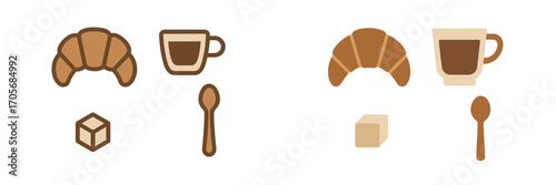 Minimalist breakfast icons featuring coffee cups, croissants, sugar cubes, and spoons presented in two distinct artistic styles
