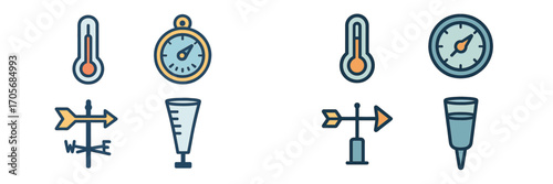 Set of essential weather forecasting instruments including thermometers, compasses, wind vanes, and rain gauges