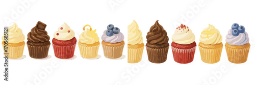 Delicious cupcakes with various frostings and toppings including chocolate, vanilla, lemon, red velvet, and blueberry
