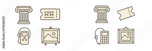 Collection of museum and art gallery visit icons featuring classical column, entrance ticket, audio guide, and framed painting