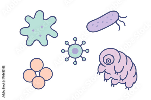 Diverse collection of microscopic organisms and cellular structures including bacteria, viruses, amoeba, and tardigrade for scientific concepts