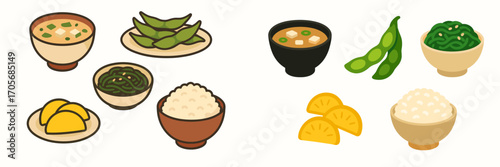 Traditional Japanese meal components featuring miso soup, steamed white rice, fresh green edamame, and assorted pickled vegetables