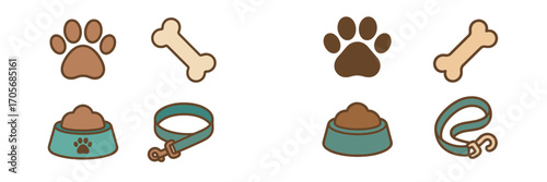 Assortment of dog essentials: paw prints, bones, food bowls, and leashes for pet care and animal well-being