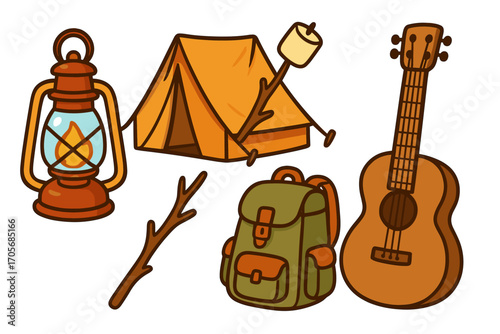 Collection of camping and outdoor adventure essentials including tent, lantern, backpack, ukulele, and marshmallow stick