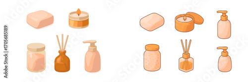 Assortment of spa and bath hygiene products including soap, candles, bath salts, reed diffusers, and lotion bottles for relaxation and self-care
