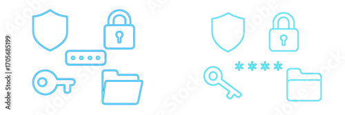 Modern digital security and data protection icons set including padlock shield key folder and password input elements