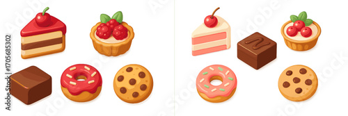 Assortment of delicious sweet pastries and baked goods including cake slices, donuts, chocolate chip cookies, and fruit tarts