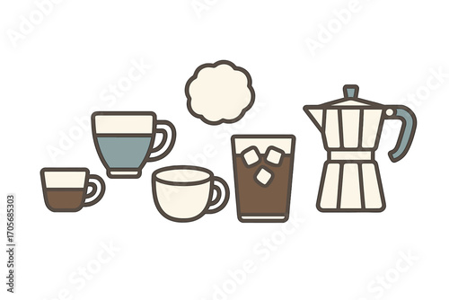 Diverse selection of coffee cups, hot and cold beverages, and a traditional moka pot for brewing delicious drinks and espresso