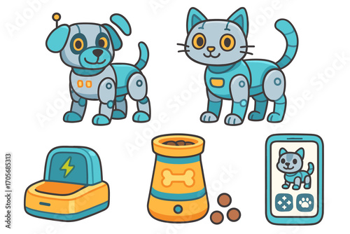 Modern robotic dog and cat characters with smart home pet care technology and digital devices for pet owners