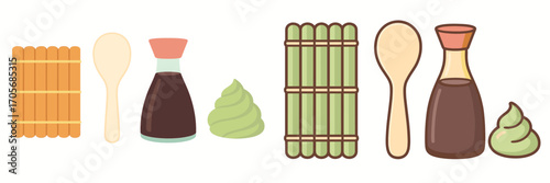Various Asian culinary elements featuring sushi rolling mats, soy sauce bottles, wasabi, and wooden spoons