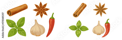 Collection of aromatic cooking spices and fresh herbs including cinnamon sticks, star anise, basil leaves, garlic, and red chili peppers