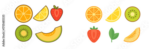 Vibrant collection of fresh fruit slices and whole strawberry including orange lemon kiwi and melon