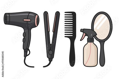 Essential hair styling tools and beauty accessories including hairdryer, straightener, comb, spray bottle, and hand mirror