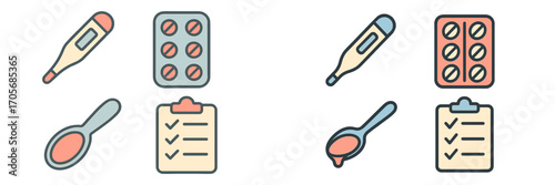 Essential healthcare and medical items including thermometer, medication pills, spoon with syrup, and patient checklist