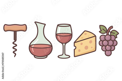 Elegant wine and cheese set featuring a corkscrew, decanter, wine glass, cheese wedge, and fresh grapes, perfect for culinary themes and gourmet dining