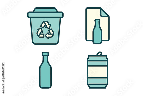 Environmental conservation symbols for waste management and sustainability, featuring a recycling bin, glass bottle, paper, and aluminum can