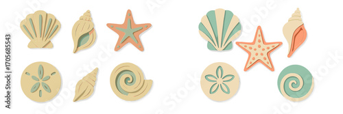 Assortment of pastel colored seashells, conch shells, sand dollars, and starfish in a layered paper cut style
