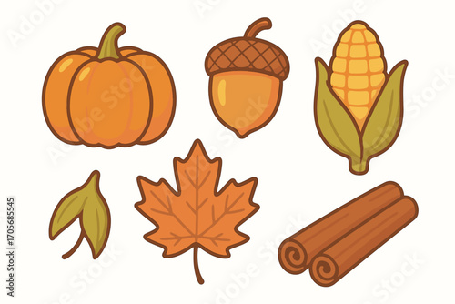 Seasonal autumn harvest elements set featuring pumpkin, acorn, corn, maple leaf, and cinnamon sticks