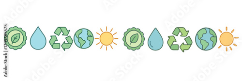 Environmental protection symbols with leaf, water drop, recycling, earth, and sun icons for ecology and sustainability
