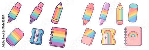 Brightly colored school supplies with rainbow stripes including highlighters, pencils, erasers, sharpeners, and spiral notebooks