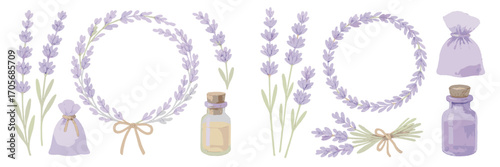 Collection of lavender sprigs, floral wreaths, essential oil bottles, and fragrant sachets for aromatherapy and natural beauty products
