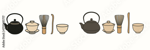 Traditional Japanese tea ceremony utensils and accessories for preparing matcha tea, featuring teapots, lidded cups, bamboo whisks, scoops, and bowls