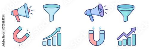 Digital marketing sales funnel lead generation customer attraction business growth strategy icons set