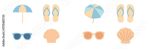 Collection of summer beach vacation items including umbrellas, flip-flops, sunglasses, and seashells