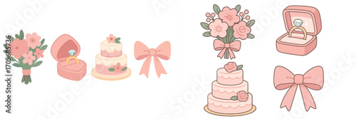 Wedding celebration elements with floral bouquets, engagement rings, tiered cakes, and decorative bows
