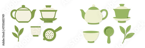 Traditional tea ceremony elements collection featuring teapots, lidded cups, strainer, and fresh green leaves