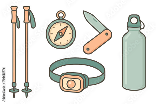 Collection of essential outdoor adventure gear including hiking poles compass knife headlamp and water bottle