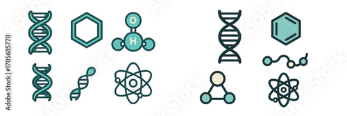 Scientific icons and symbols representing DNA, atoms, and molecular structures for biology and chemistry concepts