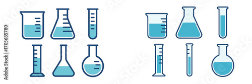 Assortment of laboratory glassware including beakers, flasks, test tubes, and graduated cylinders with blue liquid
