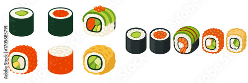 Delicious Japanese sushi rolls assortment with maki, nigiri, and California rolls, fresh seafood and ingredients