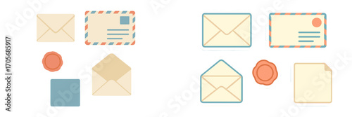 Vintage style postal elements set with envelopes, airmail letter, open letter, wax seal, and blank note