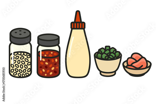 Various food condiments and toppings: pepper, chili flakes, mayonnaise, green onions, and pickled ginger