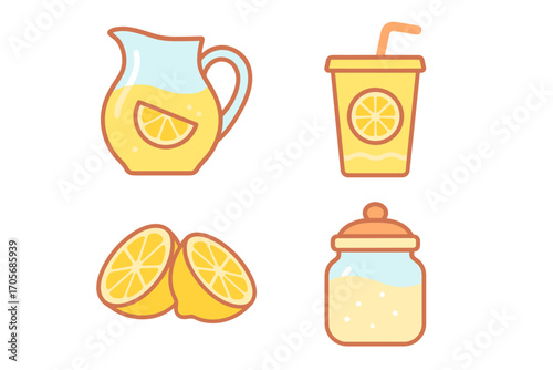 Lemonade pitcher, disposable cup, fresh lemon halves, and jar for summer beverages and citrus drinks