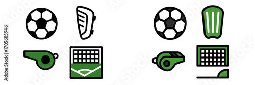 Collection of essential soccer equipment icons featuring a football, protective shin guard, referee whistle, and goal net for sports design elements