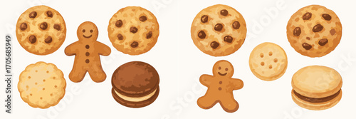 Delicious baked cookies assortment featuring classic chocolate chip, festive gingerbread man, and sweet sandwich cookies